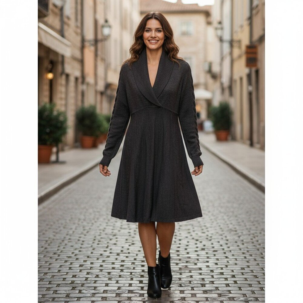 Nine West Womens Large Gray Long Sleeve Shawl Collar Midi Sweater Dress Size L